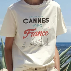 Aesthetic Cannes France Sailing Club T-Shirt Coastal Summer Graphic Tee Travel Vacation Shirt Vintage Aesthetic Trendy Y2k Top