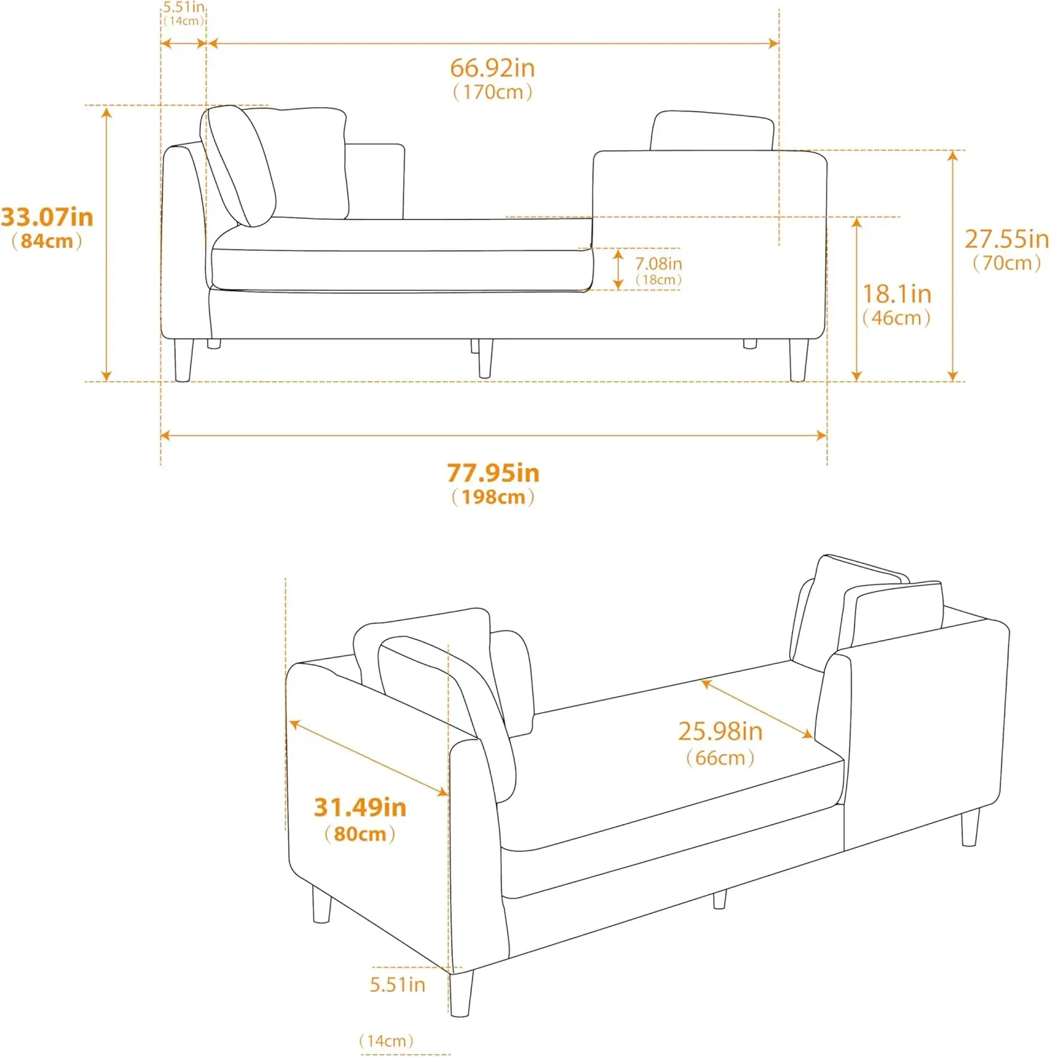 LUMISOL 77.95 Tete a Tete Upholstered Chaise Lounge with 4 Throw Pillows, Chenille Indoor Chaise Lounge Sofa with Rubber Wood Le