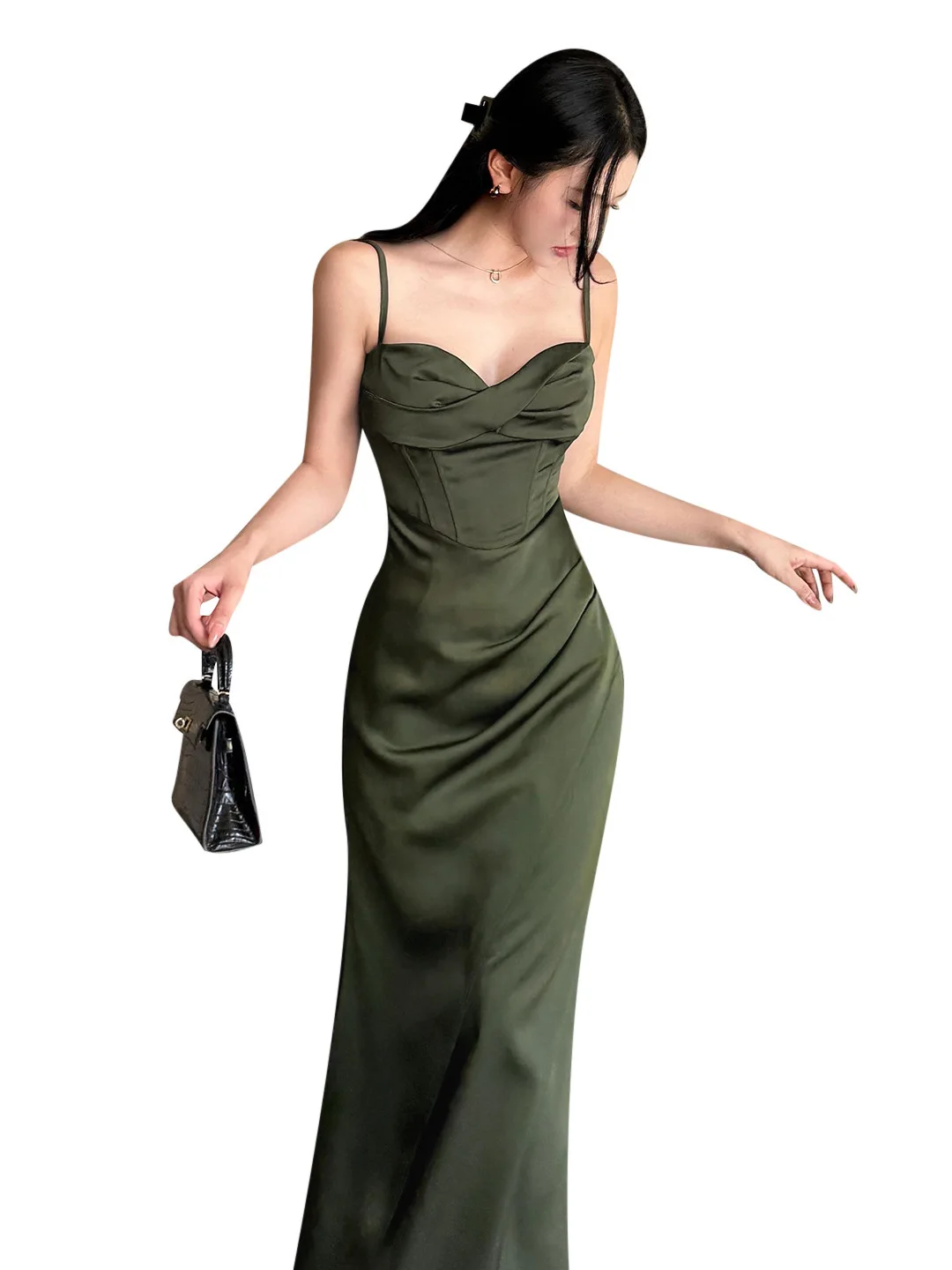 Frauen Sexy Spaghetti Strap Grün Abend Party Prom Club Neue Elegante Backless Split Satin Langes Kleid Paket Hüfte Meerjungfrau Rock