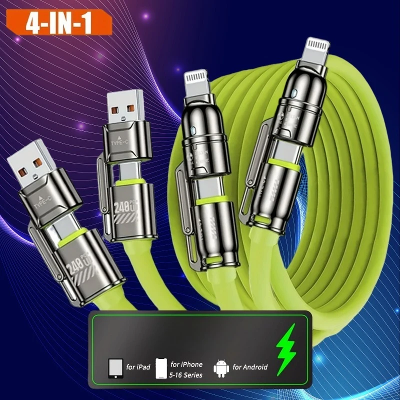 4‑In‑1 240W Max Multi‑Function Charging Data Cable USB‑A Type‑C For Phone 16‑11 Pro Max Samsung S25‑S23 Pixel Tablet