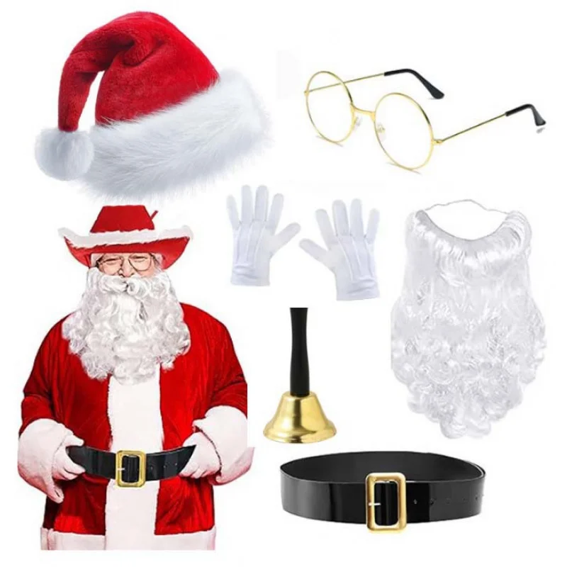 クリスマス帽子赤いカウボーイ白ひげメガネベルト手袋セット男性女性パーティーステージパフォーマンスコスプレ装飾