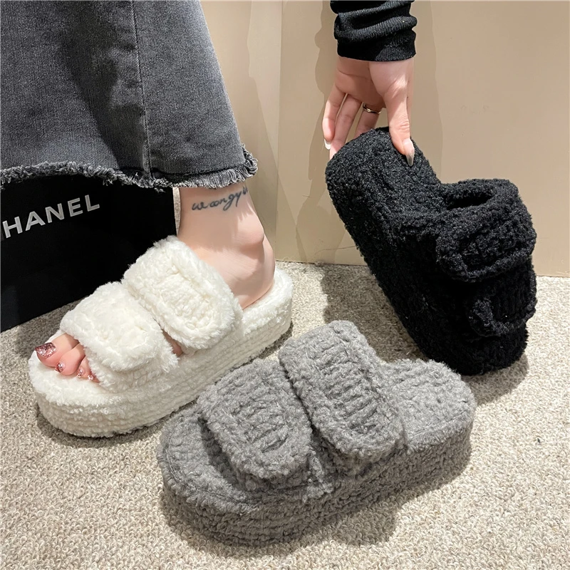 Female Shoes House Slippers Platform Fur Flip Flops Slides Med Fashion Flock 2023 Plush Massage Flat Luxury Basic Rubber Autumn