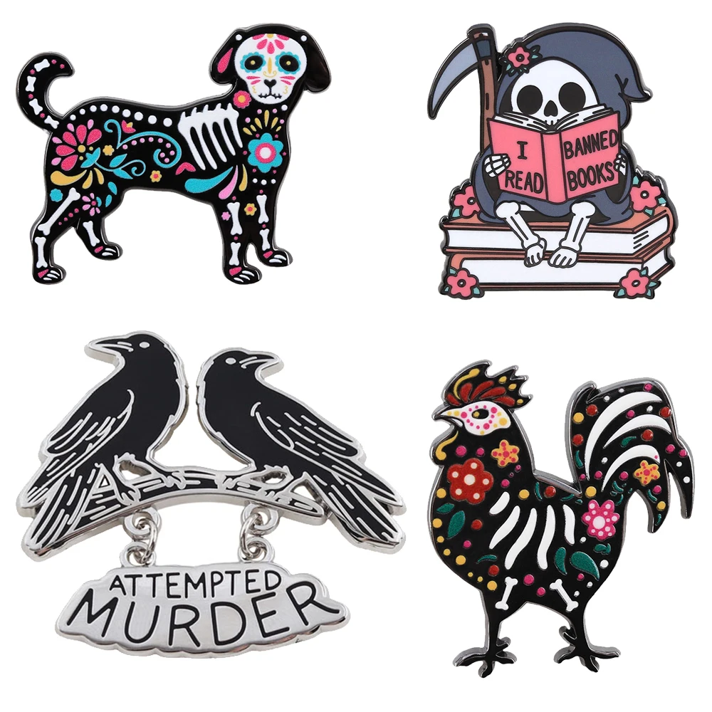 Gothic Crow Enamel Pin Attempted Murder Brooches I Read Banned Books Lapel Badges Sugar Skull Dog Rooster Jewelry Gift