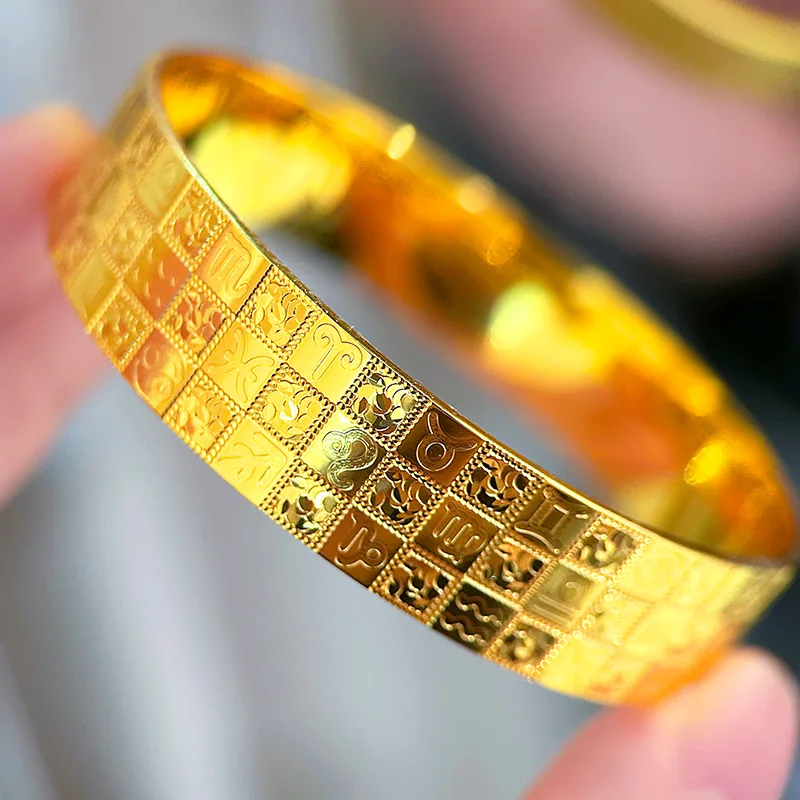 Luxury 9999 24K Real Gold Bracelet Women 12 Constellations CNC Crushed Ice Pattern Light Luxury Bracelet Noble Wide Face Large