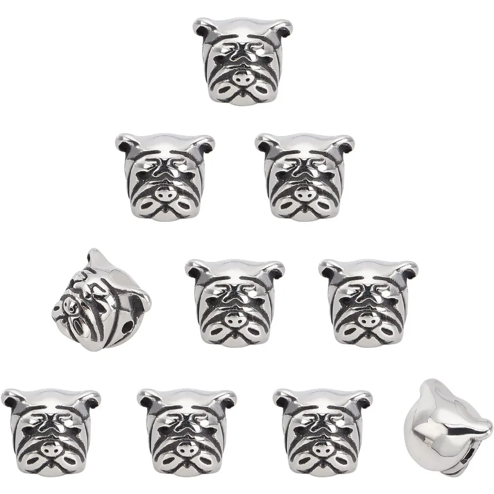 10pcs 2mm Hole Stainless Steel Bulldog Beads Charms Pug Dog Pitbull Puppy Pet Head Bead Spacer Beads Antique Silver European