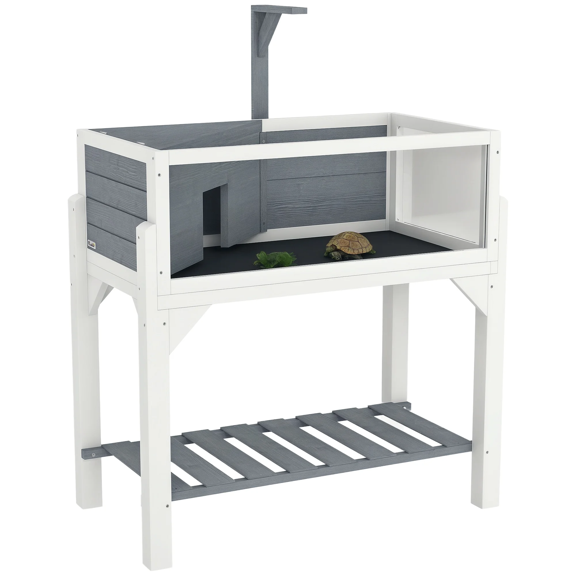 Pawhut houten terrarium voor schildpadden, met plank, lampenhouder, transparante panelen, inklapbaar dak, bak, geschikt voor binnen en buiten, 90 x 84,5 x 47,5 cm, grijs.