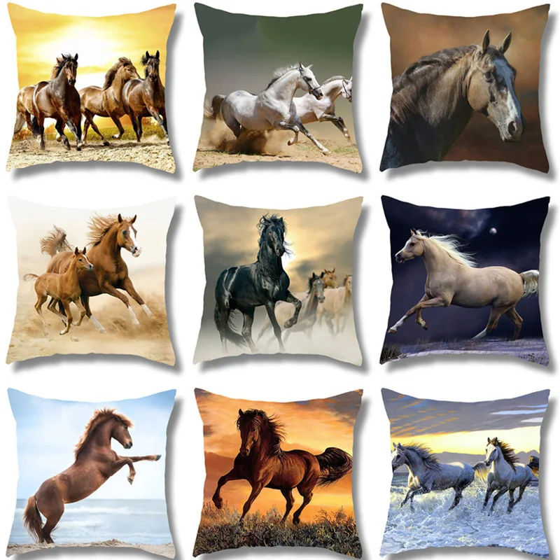 Theme of Running Horses Double-sided Printed pillow cover Short plush Suitable living rooms bedrooms sofas throw cushion cover