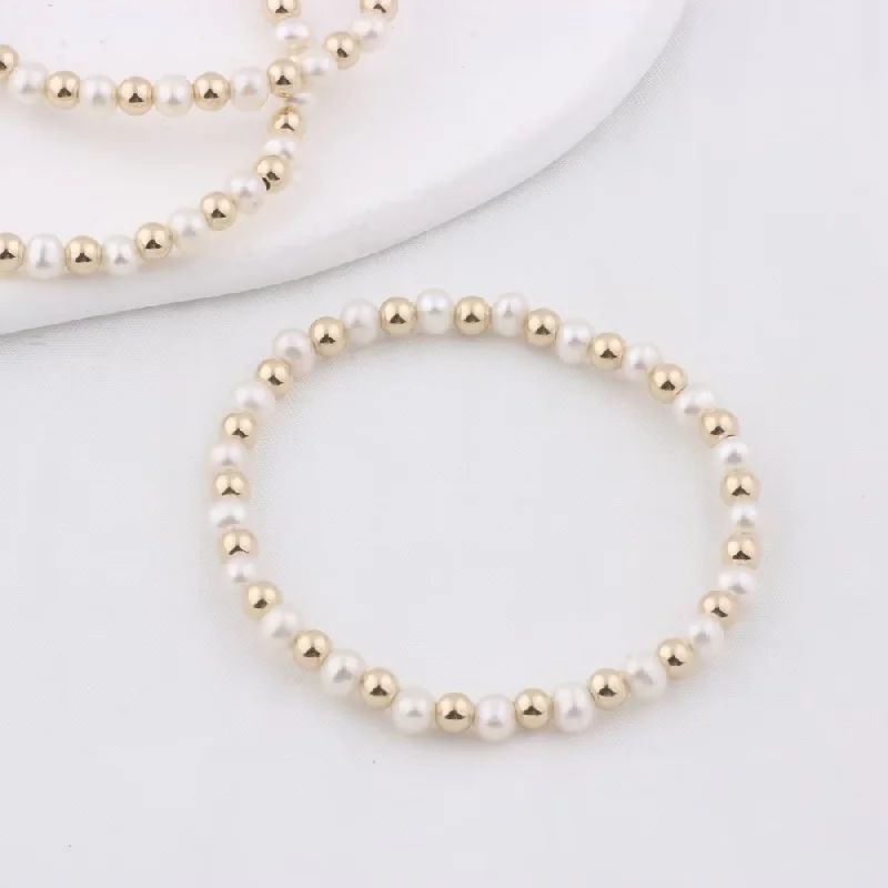 No Fade No Rust 14k Gold Filled AAA Freshwater Pearl Stretch 3/4MM 1:1 Seamless Ball Beads Bracelets Handmade for Women