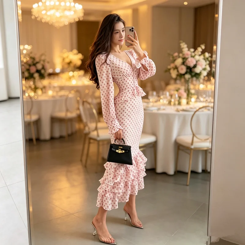 Elegantes Damen-Blumenkleid für Partys, Midi-Länge, V-Ausschnitt, Lange Ärmel, Rüschen-Peplum-Taille, Mehrlagige Rüschen, Schlankes Sommerkleid für Strand und Hochzeitsgäste