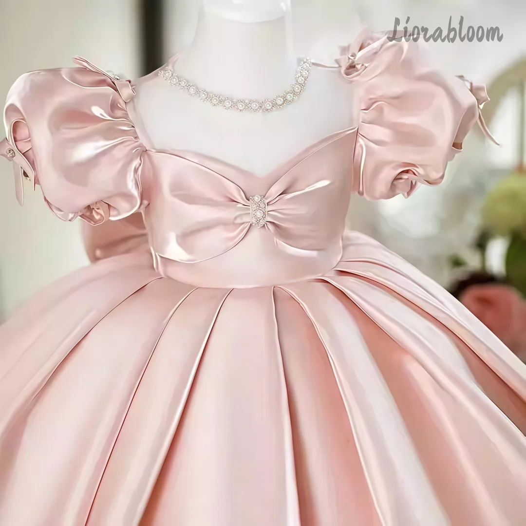Abito da Cerimonia Rosa per Bambina, Vestito da Damigella a Trapezio, Abito da Festa, Abito da Principessa, Elegante Abito da Cerimonia per Bambina