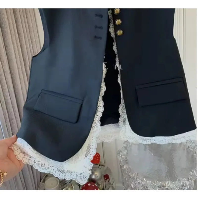 Women Lace Patchwork Vest Korean O Neck Casual Sleeveless Jackets New Female Loose Waistcoat Vintage Chic Tops Women Clothing
