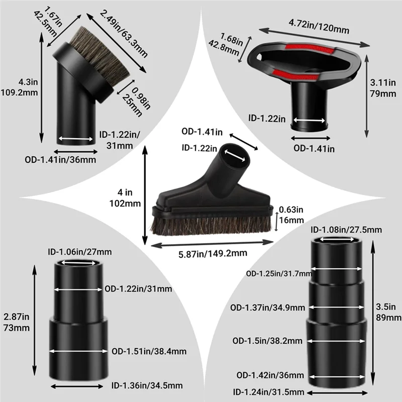 【Favorito do comprador】 Escova de vácuo Acessórios de vácuo com escova de crina macia, adaptadores de mangueira de 1-1/8 polegadas a 1-1/4 polegadas a 1-1/2 polegadas