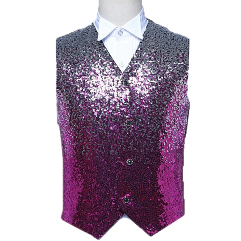 Blue Shiny Sequins Decoration Vest, Men\'s Wedding Party Dress Vests, Fashion Slim Fit Waistcoat, Red Purple Available,Asian Size