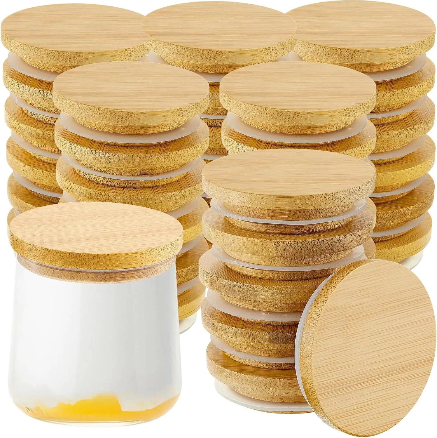 

Yogurt Jar Lids Set Reusable Bamboo Wooden Round Canning Lids with Silicone Sealing Rings Compatible with Oui Yogurt Jar