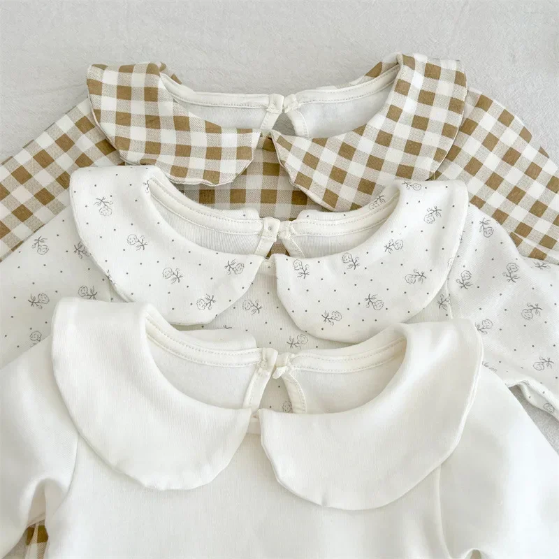 2023 Autumn New Baby Long Sleeve Bodysuit Newborn Cotton Peter Pan Collar Jumpsuit Solid Infant Girl Clothes Toddler Onesie