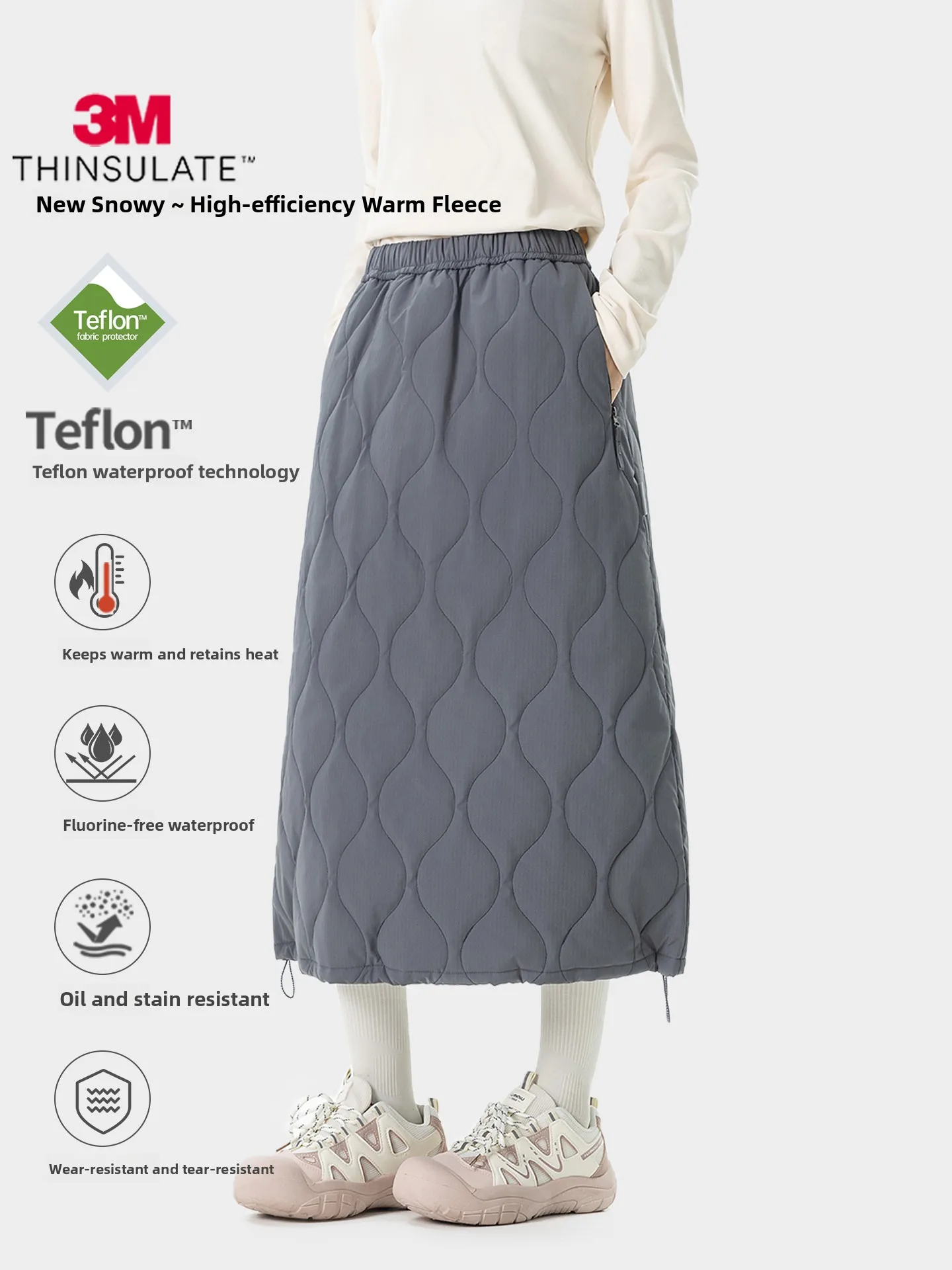 Winter Outdoor Women's High Waist A-Line Skirt Quilted Texture Cotton Insert Warmth Adjustable Flower Clasp Workwear Skirt