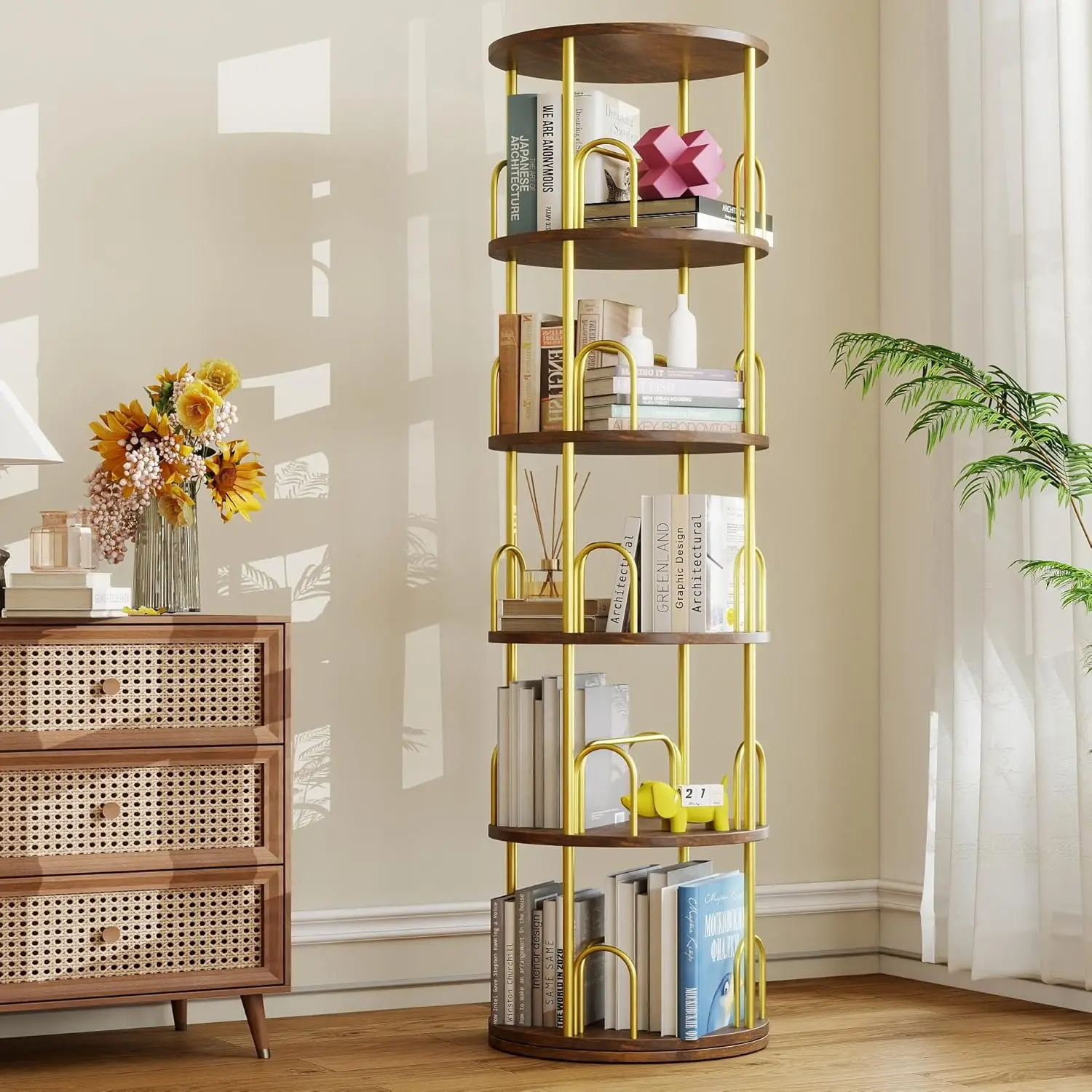 5-Tier Rotating Bookshelf, 360° Round Spinning Book Shelf Tower, Tall Skinny Wood &    Bookshelf for Corner/Office/Home
