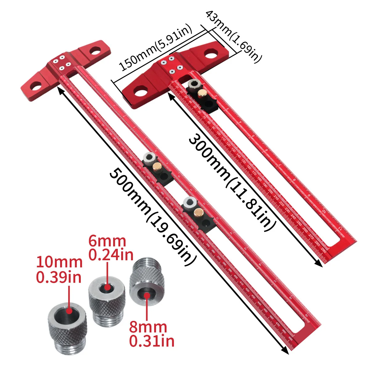 Woodworking 2 in 1 Drilling Positioning Scoring Ruler Adjustable T Square with 6/8/10mm Drill Scriber Marking Gauge Diy Tools