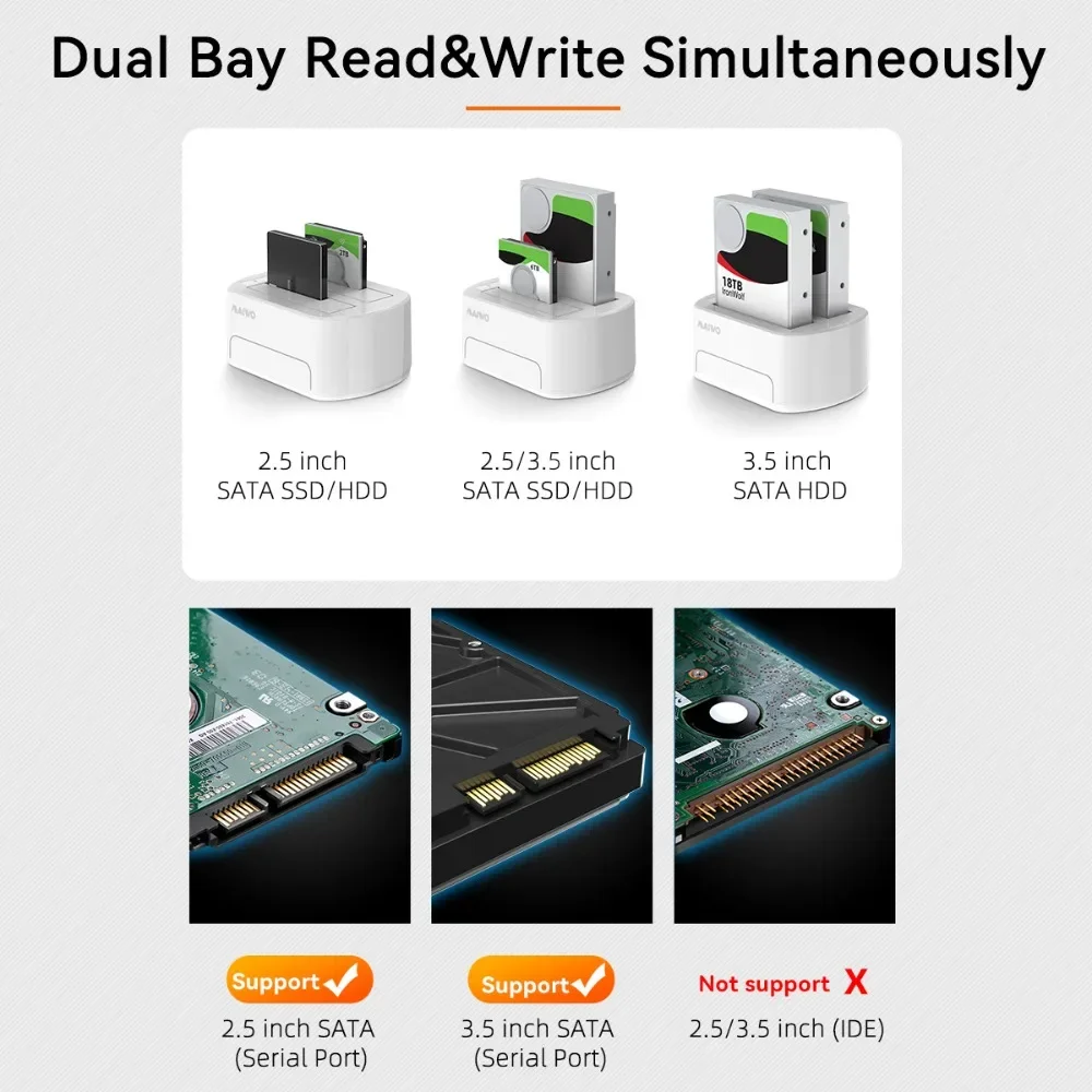 MAIWO pembaca perangkat keras, stasiun Dok Teluk ganda untuk 2.5 "& 3.5" SATA HDD/SSD ke USB 3.0 mendukung membaca & menulis