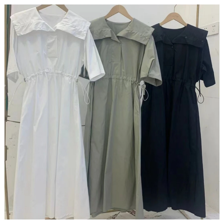 حقيقي الربيع الصيف خمر بحار طوق قميص نسائي فساتين 2025 جديد قصير الأكمام الدانتيل متابعة فستان طويل فضفاض غير رسمي المرأة #5