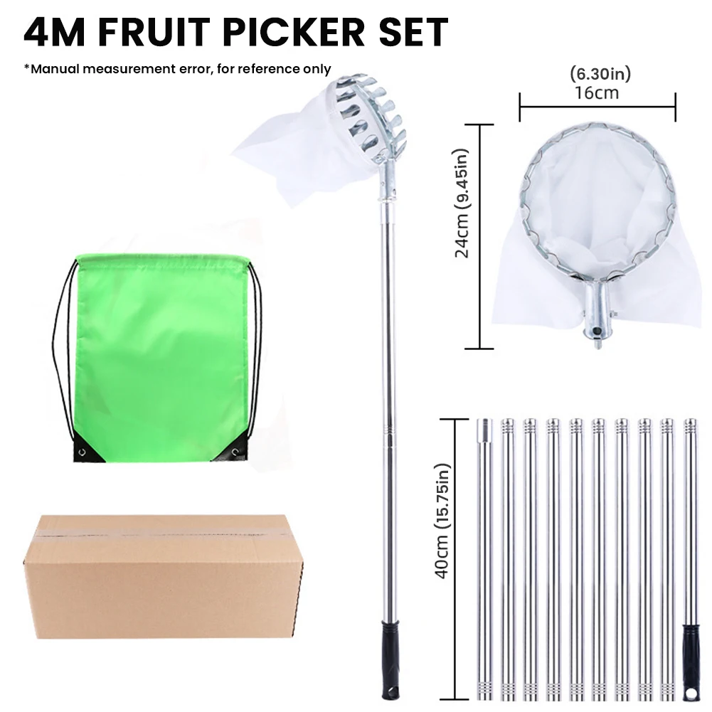 Stainless Steel Splicing Rod Fruit Picker High Tree Orchard Picking Tool Fruit Picking Tool for Apples Mango Lemon Orange