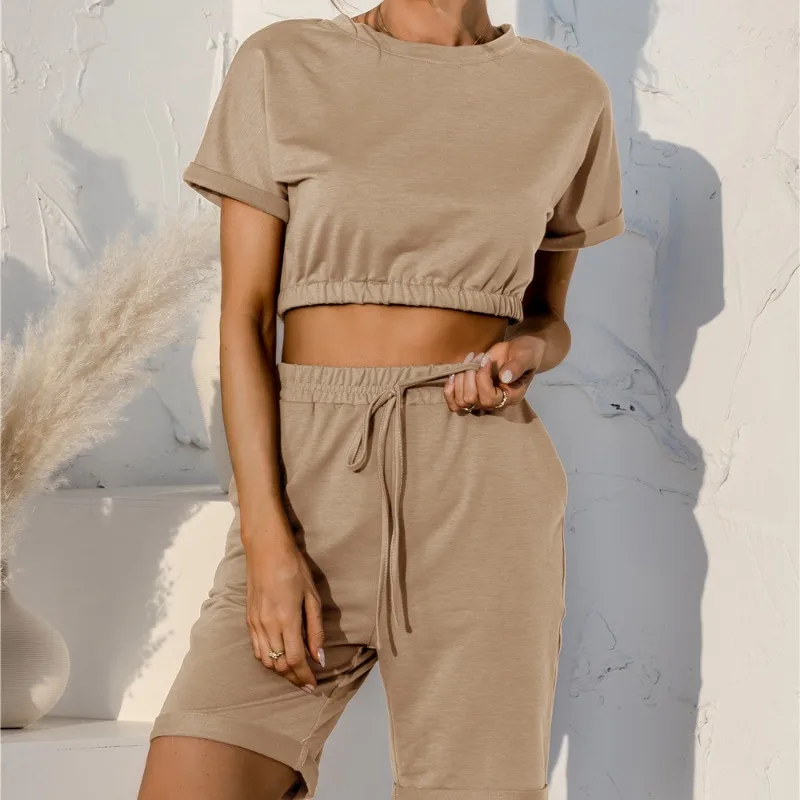 

2024 Summer New Women's Casual Short Sleeve Crop Top & Pocket Design Shorts Set Female Clothing Fashion Short Pants Outfits