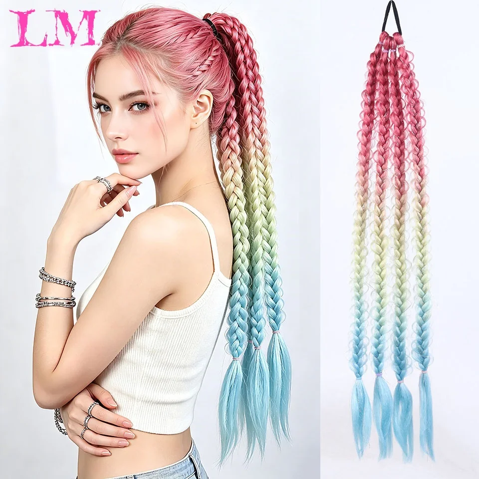 LM Ombre Color Braided Ponytail Hair Extension Synthetic Colored Braids Hairpiece For Women Festival Party Cosplay Hairstyle