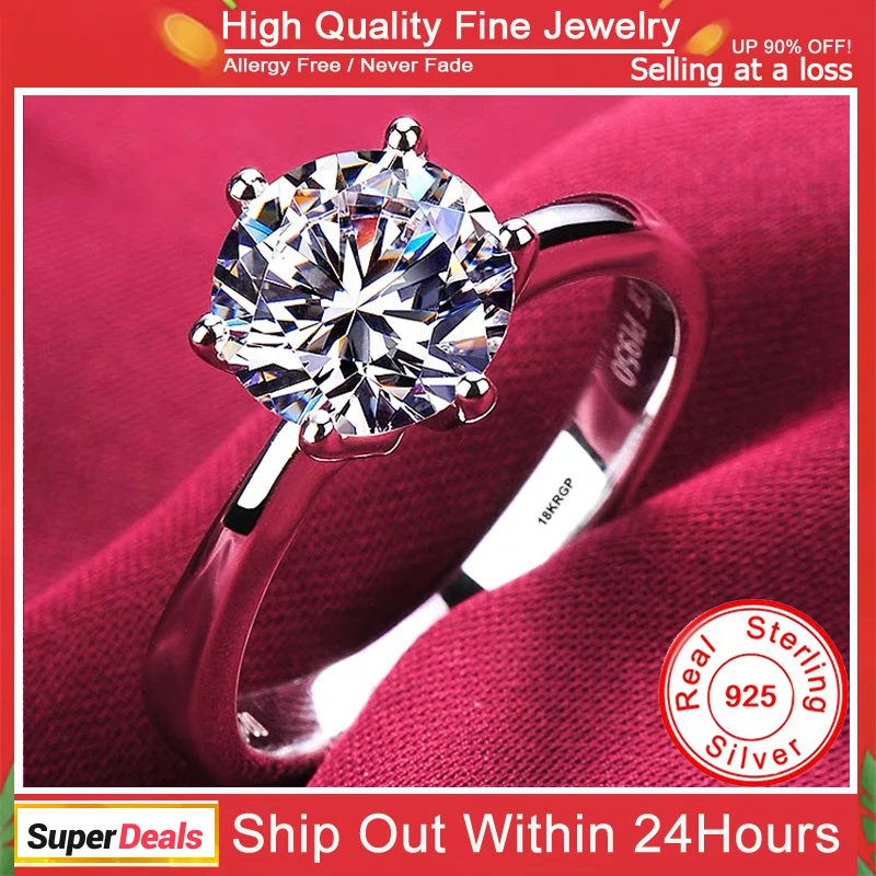 

With Credentials Luxury 18K and 925 Sterling Silver Rings Women Solitaire Round 2.0ct Cubic Zircon Wedding Band Bridal Jewelry