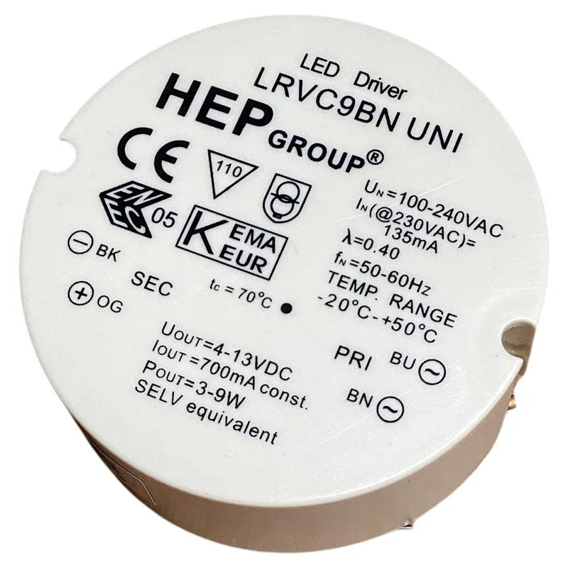 HEP LRVC9BN UNI 9W,700mA LED Driver Built-in Power Supply 700mA for 1 to 4 x3W Lamp Universal Voltage 100-240VAC
