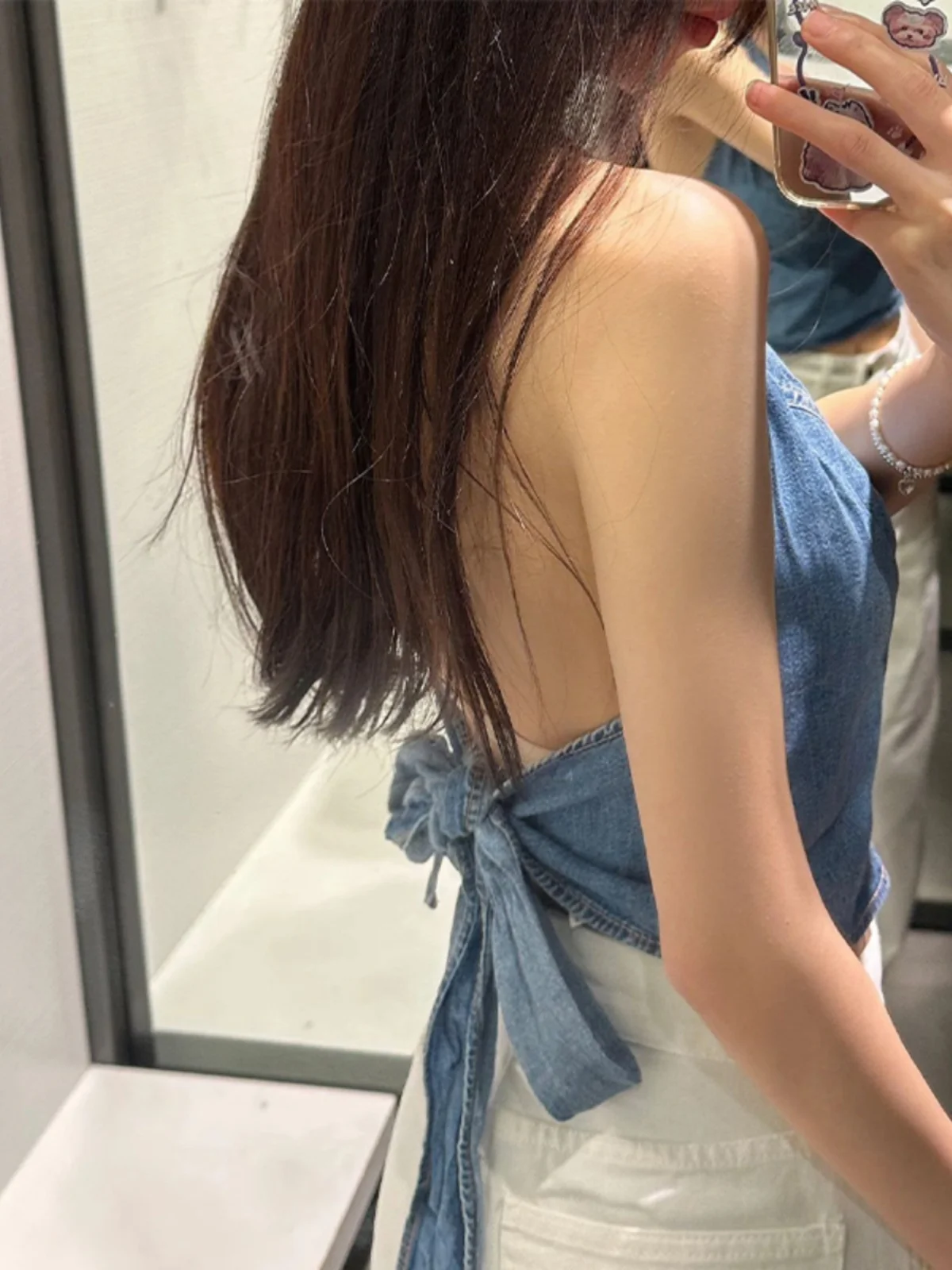 

Уникальный летний женский топ без рукавов из денима, майка на тонких бретелях, однотонный, прямого кроя