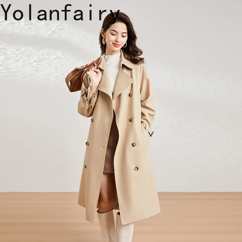 YOLANFAIRY 2025 Fall Elegant Jacket for Women British Style Trench Coat Woman Loose Lace-up High Street Coats Female Windbreaker