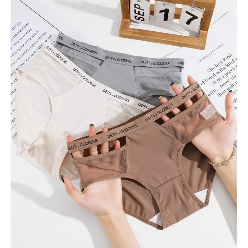 

Women Sexy Mesh Ice Silk Solid Thin Breathable Underwear Middle Waist Elasticity Plus Big Panties