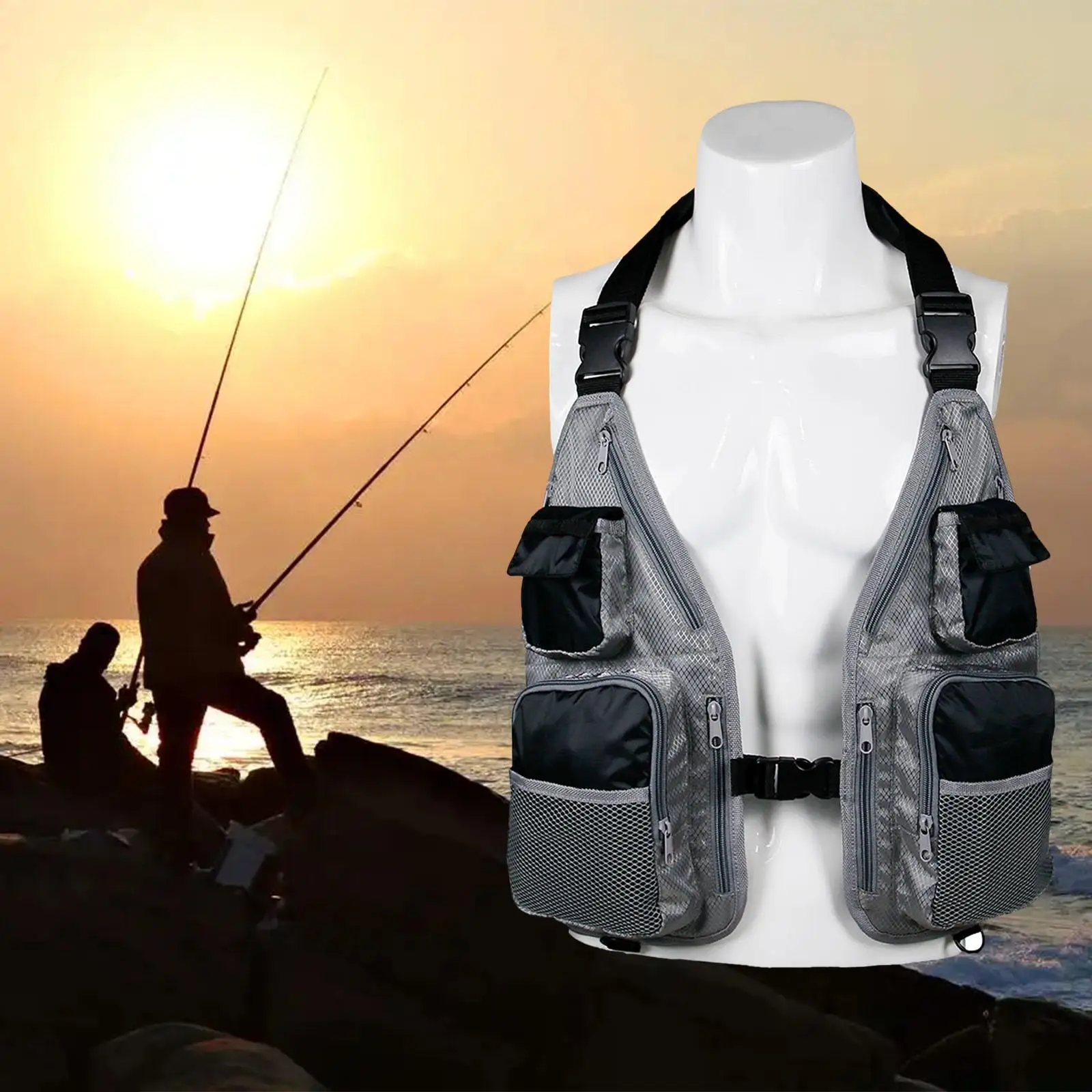 Summer Mesh Fishing Vest with Backpack Style Straps Lightweight Multi Pocket Vest for Lure Casting Shore
