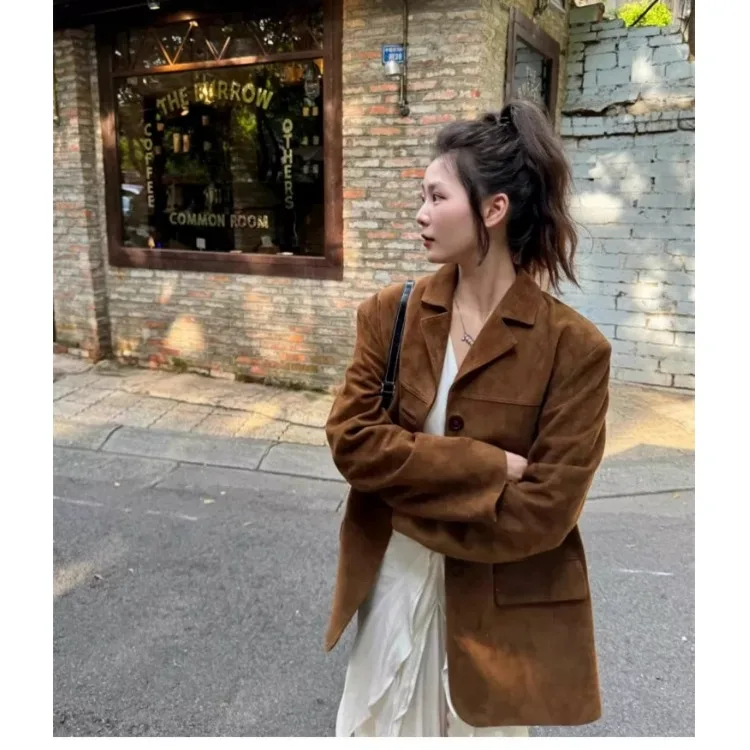 

Caramel Suede Jaet Women's Suiting Leather Coat Korean Sle Straight Cut Long Sve Regular Length Single Button Closure