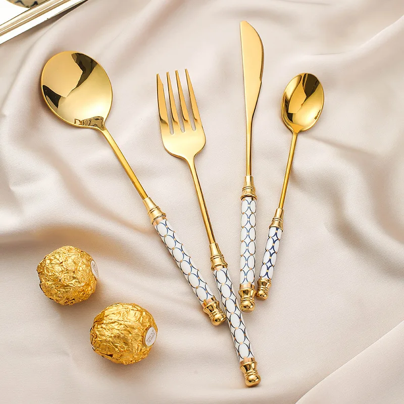 Luxury Mirror Gold Western Tableware with Porcelain Handle High-grade Stainless Steel Cutlery Knife Fork Spoon Dinnerware Set