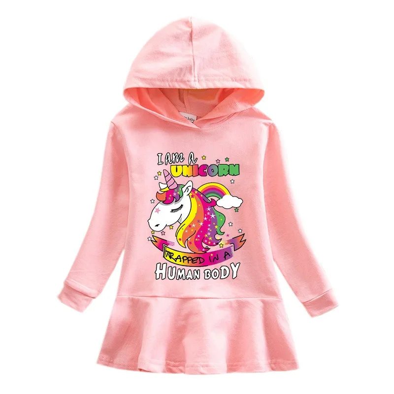 Unicorn Girls Dress Cotton Clothes 2024 New Autumn Kids Dresses for Children Birthday Party Costume Hooded Fashion 2-8T