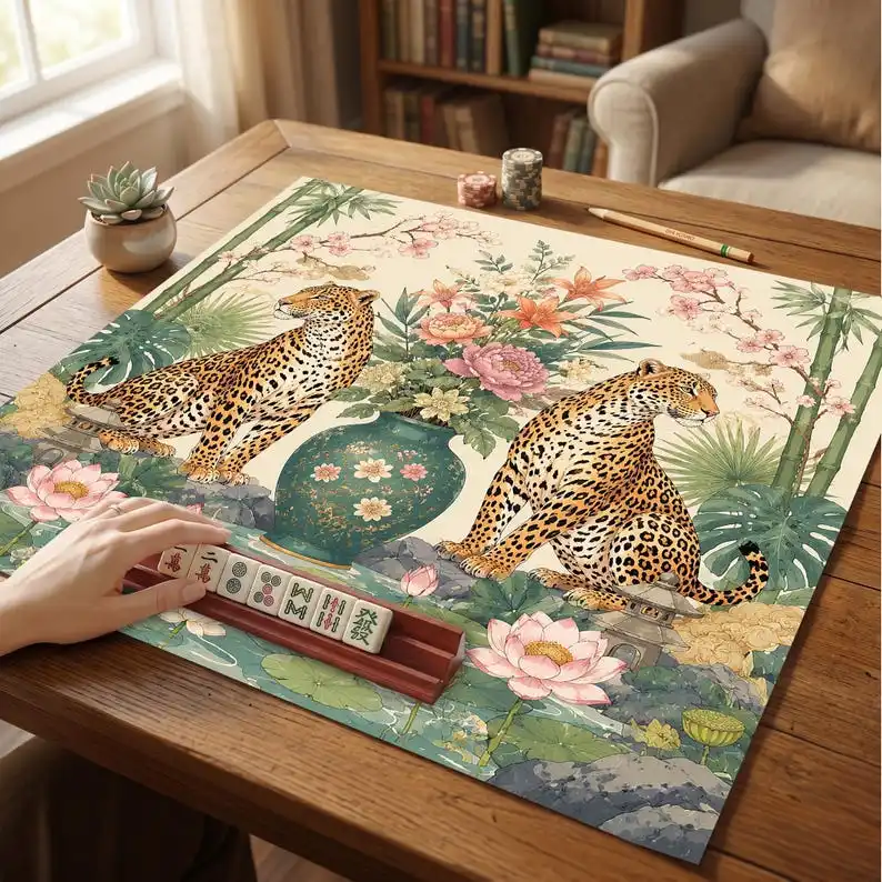 VIKAMA Chinese Bamboo Leopard Lotus Mahjong Mat Non Slip Washable Decor Soft Pad Noise Reduction For US Mahjong Table