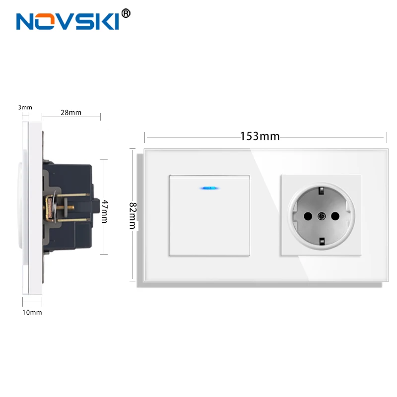 Novsk European standard wall socket with rocker switch 220v 16A usb glass panel socket with 1/2/3 way combination LED light swit