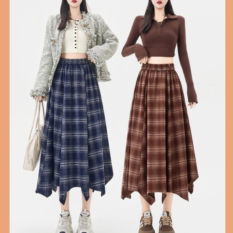 

Vintage Plaid Midi Skirt 2025 Autumn Design Style Elastic High Waist A-line Skirts Female Y2k Irrgular Streetwear Faldas Mujer