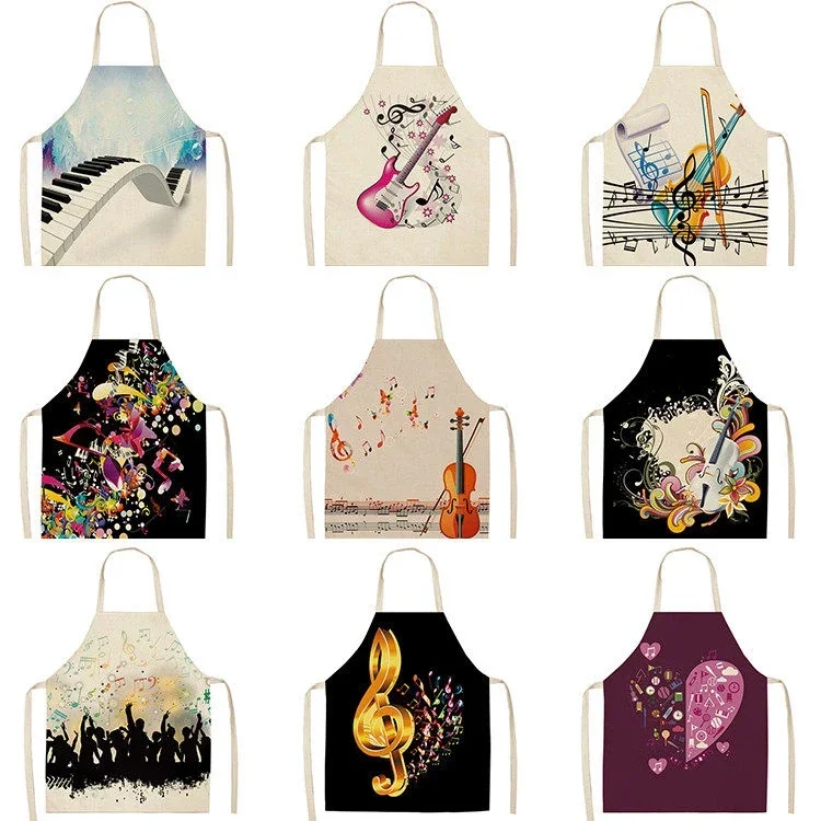 Musicial Note Guitar Piano Kitchen Aprons Women Cotton Linen Bibs Household Cleaning Pinafore Home Cooking Apron 53*65cm WQL0141
