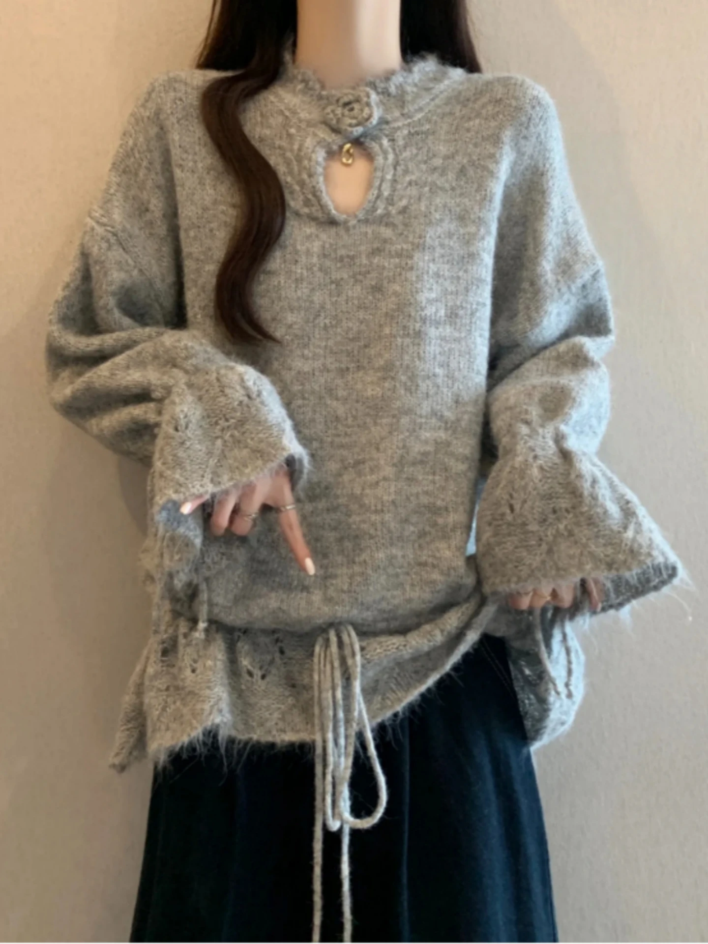 

Early Autumn Korean Style Knitted Sweater Short Sleeve Long Sleeve Beautiful Unique Grey Loose Fit round Neck Pullover Top