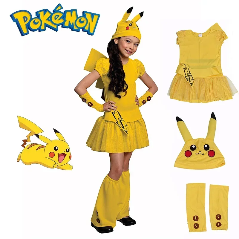 

Anime Pokemon Pikachu Costume Movie Kids Girl Cosplay Costume Party Halloween Muscle Clothing Child Dress Up New Year 4piece Set