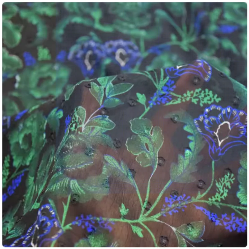 China Wind Black Bottom Emerald Green Flower Print, Chiffon Fabric, Dress, Shirt, Cheongsam,Handmade Sewing Tissue, Transparent