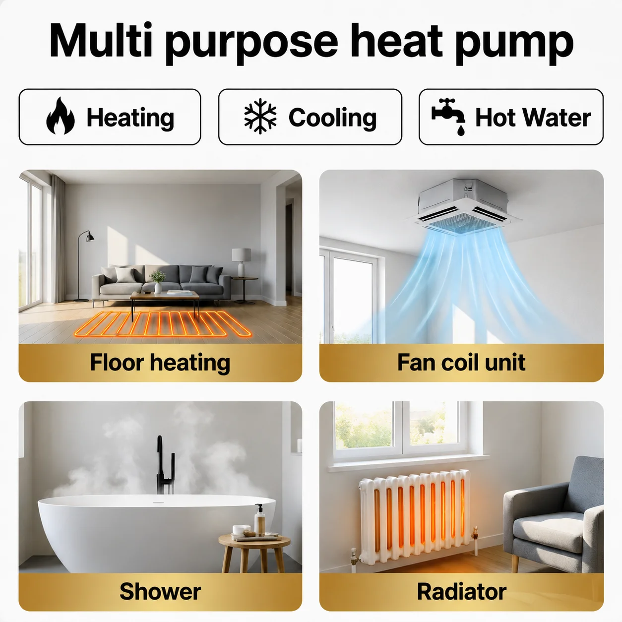 Air-to-water heat pumps for residential heating, cooling, hot water, and HVAC systems