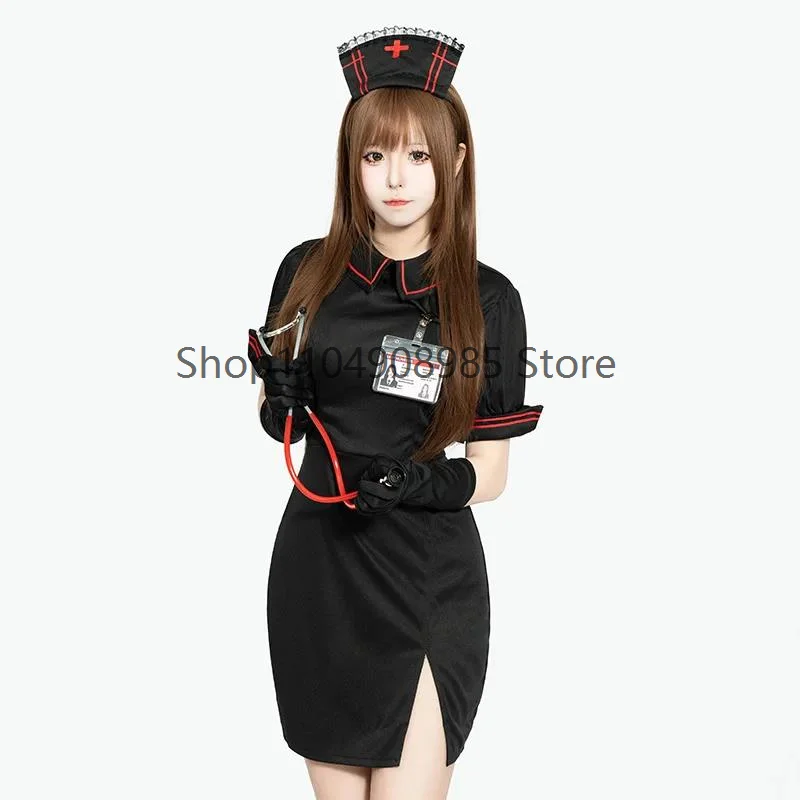 Women Dark Nurse Cosplay Costume Black Short Sleeve Slit Dress With Accessorie Halloween Masquerade Fancy Party Outfit For Ladie view 3
