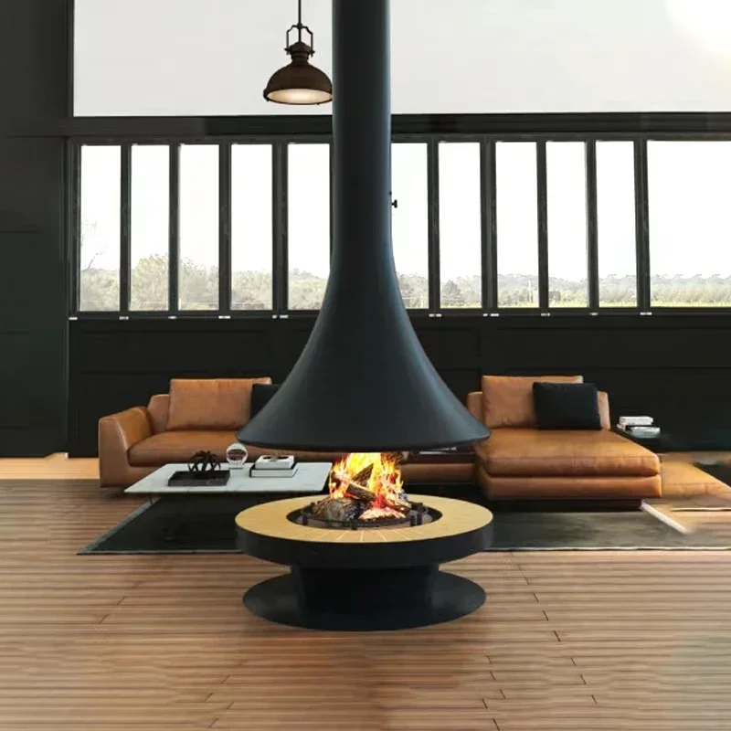 Chimenea colgante nórdica, estufa colgante acampanada de carbono simulado, leña real