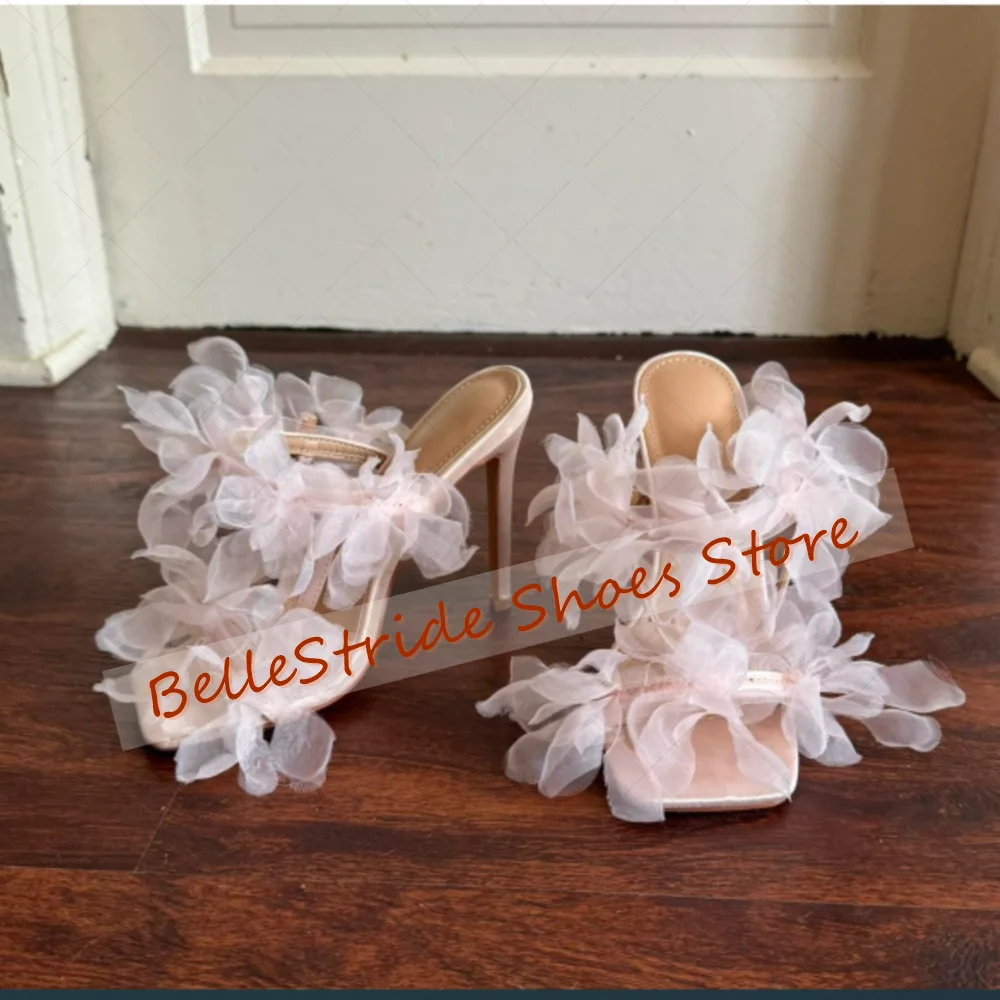 Różowe ażurowe pantofelki z ozdobnymi płatkami, odkryte palce, modne damskie buty, szpilki, wysokie obcasy, na imprezę, bankiet, randkę, 2025, Zapatos Para Mujere