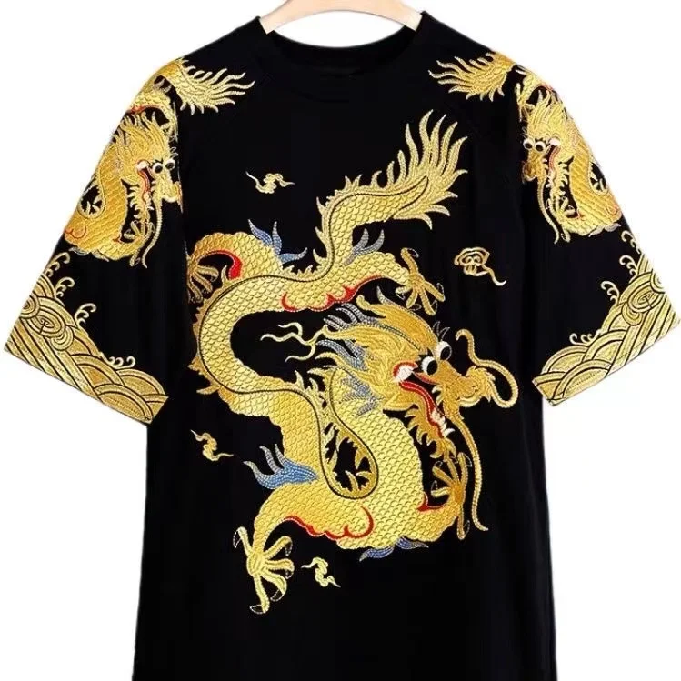 T-shirt à manches courtes Dragon imprimé pour hommes et femmes, robe Loong noire, vêtements chinois polyvalents, vêtements décontractés pour garçons et filles, été, nouveau