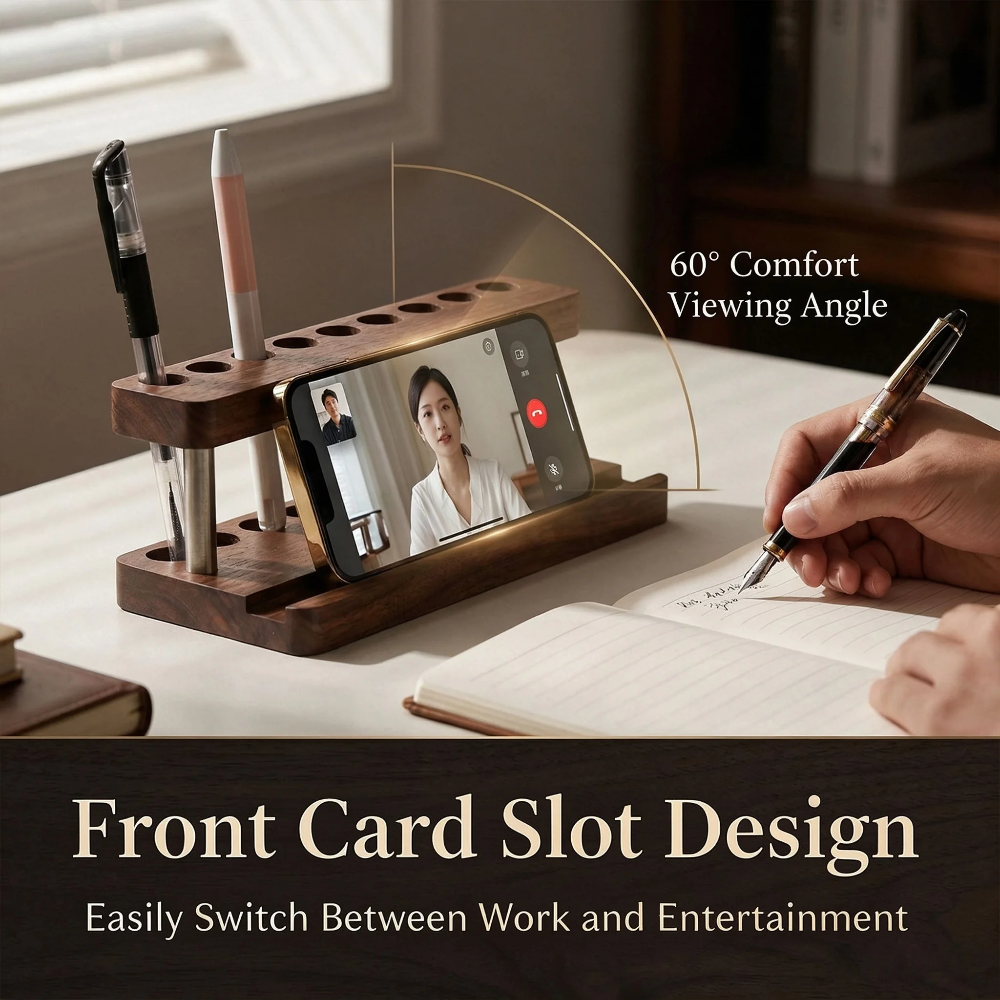 Wooden Desk Organizer Pen Holder with Phone Stand Multi Slot Pencil Holder Office Accessories for Home Office Decoration