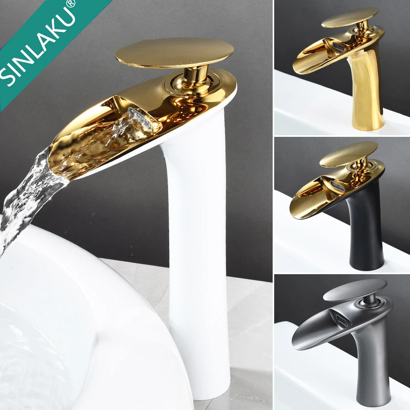 SINLAKU Bathroom Faucet  Hot and Cold Water Mixer Tap Waterfall Spout Basin Sink Faucets Deck Mounted Single Handle Basin Faucet